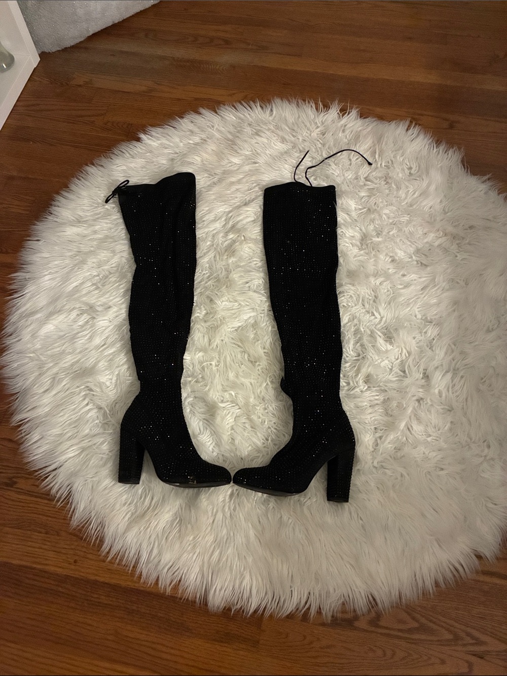 Miss Lola Black Over-the-Knee Sparkle Block Heel Boots